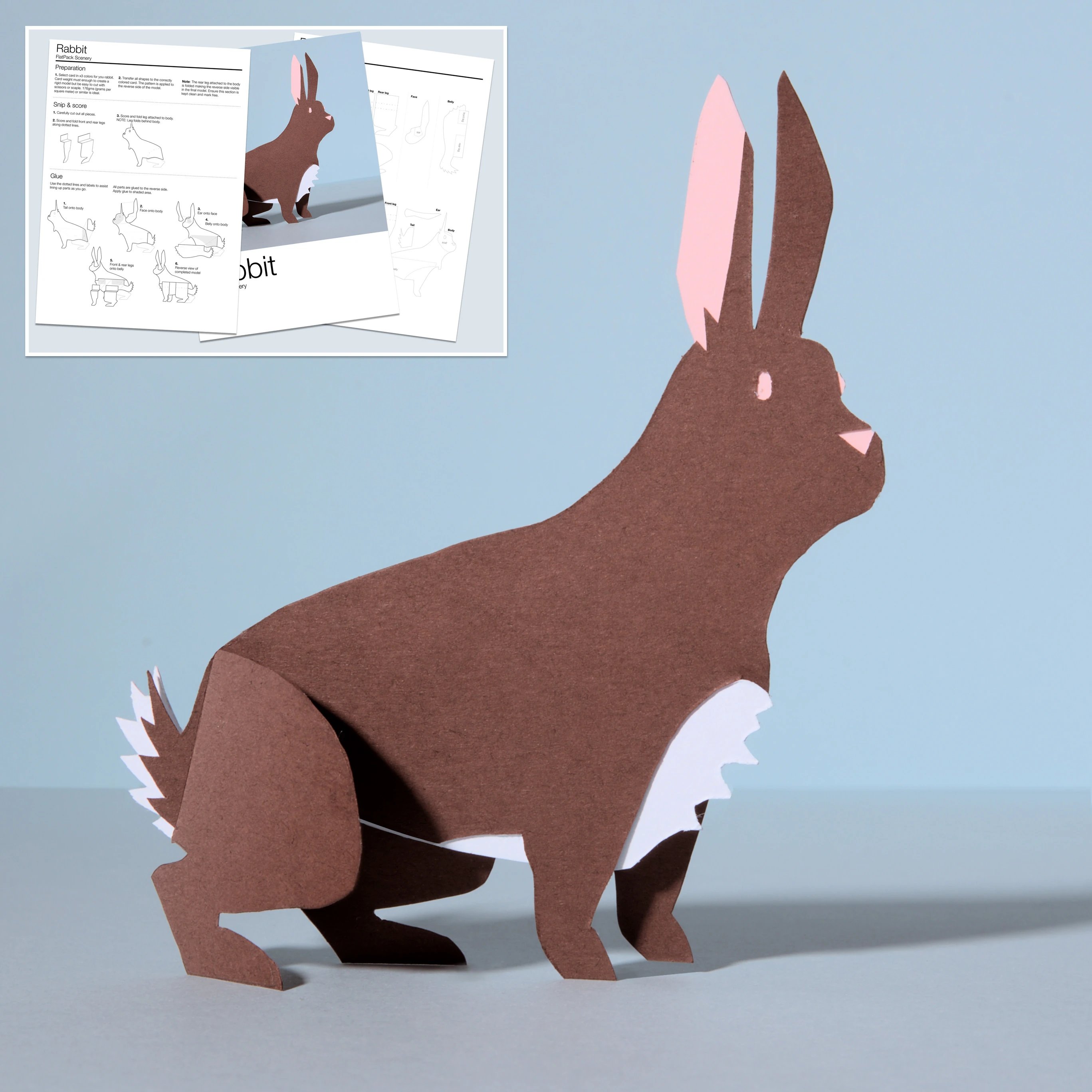 Cute rabbit made from 3 pieces of coloured card. Easy to cut out and assemble to make an adorable desk or shelf buddy.