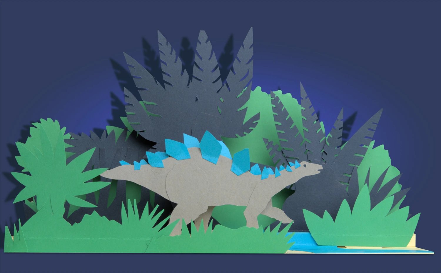Stegosaurus in Jurassic jungle. Cut from coloured card.