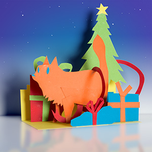Christmas cat will help open presents. Cut paper diorama
