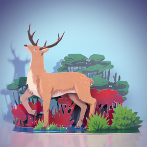 Paper cut stag in a forest. Designed and Illustrated specifically as a paper cut diorama.