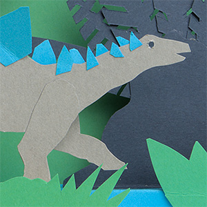 Stegosaurus in Jurassic jungle. Cut from coloured card.