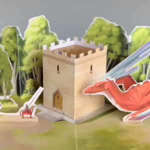 A dragon and knight cross paths at a medieval keep. Build this fun papercraft project and invent your own narrative to give them life.<br/><br/>
'At the Keep' is a DIY pop up card kit. Downloadable as a PDF it includes 3 pages of parts in full colour and a 6 page illustrated instruction guide. Print it at home onto light card or take it to your local copy shop to get the most from the vibrant artwork.